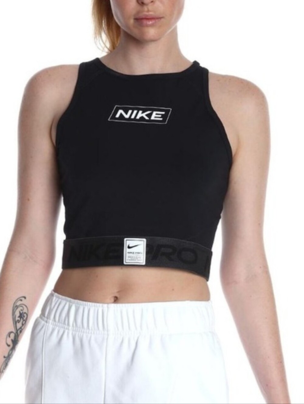 Nike Pro Dri-FIT Graphic Crop Tank Top Black White Logo Size S